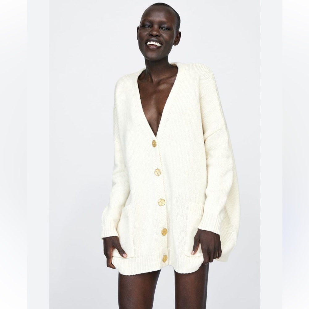 Zara ivory wool blend Cream Button-Up Cardigan gold buttons oversized
